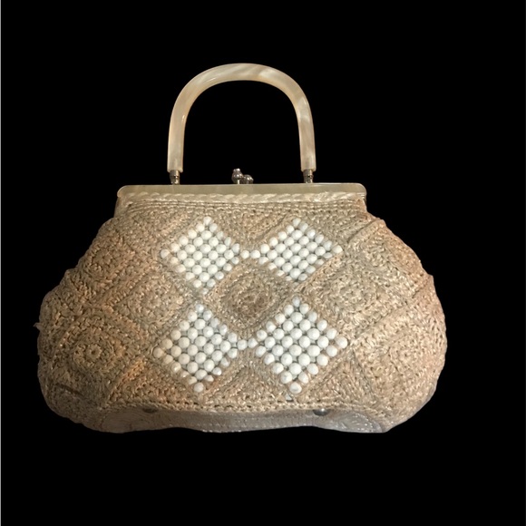 Vintage Ivory White Beaded Evening Handled Clutch Purse w Snap Closure - Picture 2 of 9